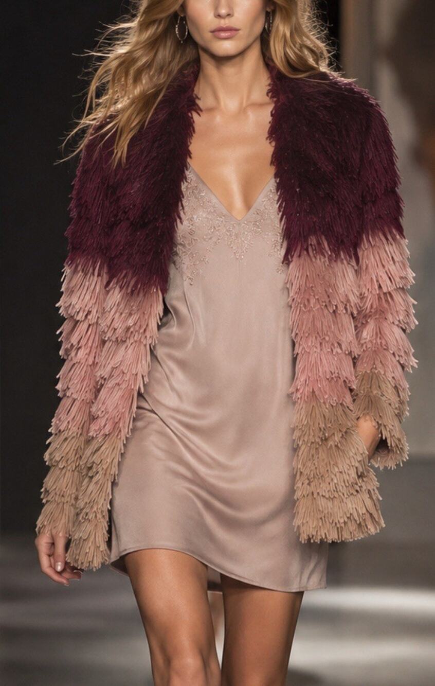 MINKPINK Women Small Shaggy Fringe Faux Fur Jacket Burgundy Mauve Boho Cardigan